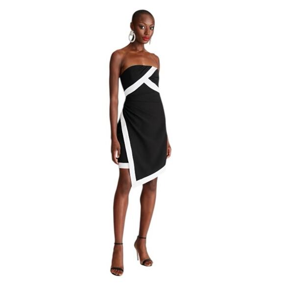 Halston Strapless Cocktail Mini Dress Black White Trim Size 6 Party Evening Wear - Picture 1 of 5